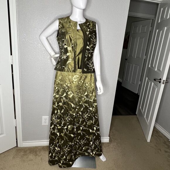 Carlisle Sz 8 Skirt 10 Top 3 Piece Silk Maxi Skirt Set Olive Green Embroidered - Picture 3 of 13